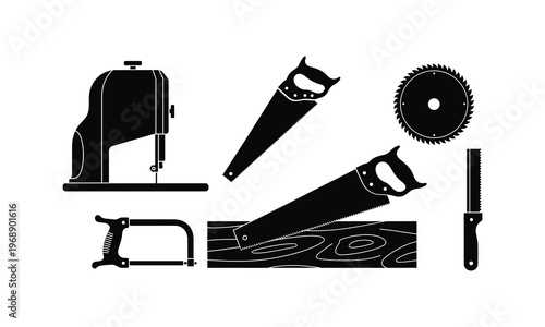 Assorted woodworking and cutting tools illustration
