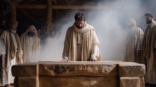Aaron standing silent beside the tabernacle after the death of his sons, restraining grief in obedience to God, a solemn moment of holiness and discipline in the biblical account (Leviticus 10:1–3).
