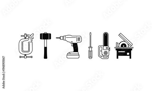 Essential tools commonly found in a basic carpentry or workshop setting