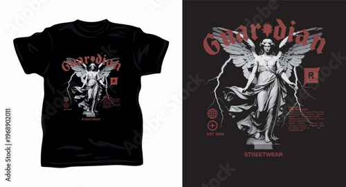 Guardian angel statue with lightning, streetwear graphic design on t-shirt.