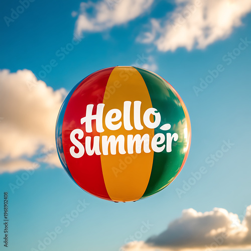A colorful beach ball with 'Hello Summer' floats in a sunny sky with fluffy clouds on a warm day outdoors.