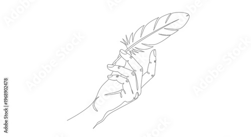 Hand Holding Feather Continuous Line Art Isolated on White