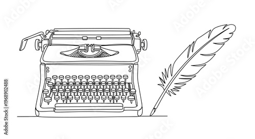 Typewriter and Quill Pen Continuous Line Art Drawing Isolated on White