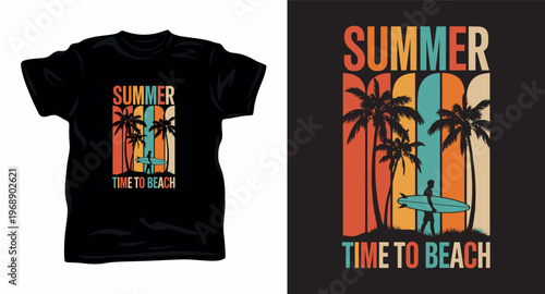 Summer time to beach t-shirt design with retro surf and palm trees.
