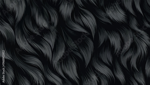 Seamless black and dark gray fur texture pattern with flowing wavy strands and soft highlights. Luxury abstract background for fashion, textile design, branding, packaging, and premium decorative use.