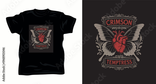 Crimson temptress butterfly and heart design for vintage apparel aesthetic.