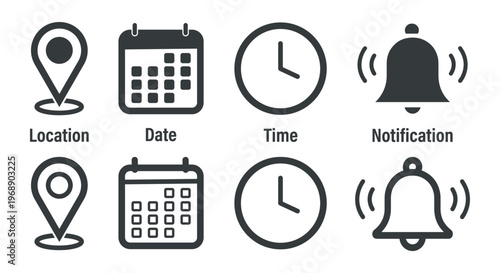 Location Date Time Notification Icons SetClean Minimalist Design for App and Web Use