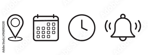 Location Pin Calendar Clock and Bell Icons for Planning Scheduling and NotificationsMinimalist Line Art