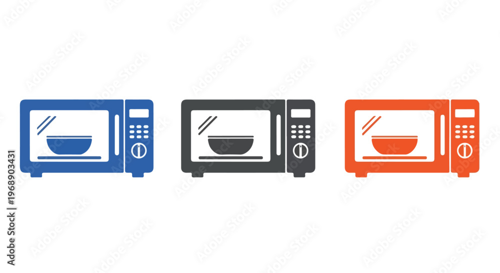 Fototapeta premium Three modern kitchen microwave ovens in blue, black, and orange colors with bowls inside, isolated on white background