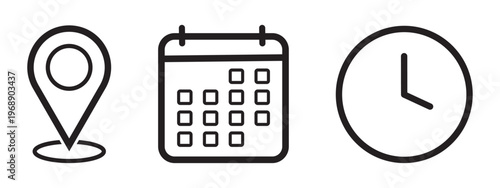 Location Pin Calendar Grid and Clock Face Icons for Planning and Scheduling Concepts