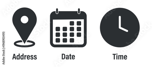 Location Pin Calendar Grid Clock Face Icons Representing Address Date Time Minimalist Design