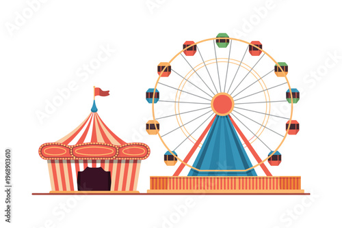 A colorful illustration of a Ferris wheel and a striped carnival tent on a white background
