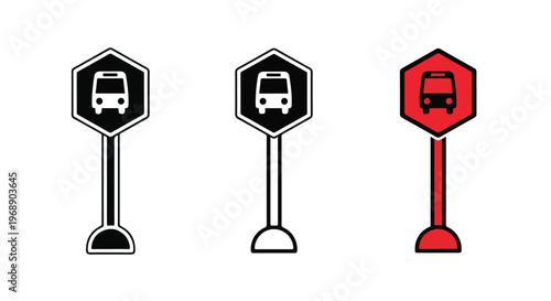 Collection of three bus stop signs in black and white and red, representing public transportation information