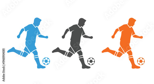 Three diverse athletes in silhouette kicking a soccer ball in motion with dynamic energy and vibrant colors