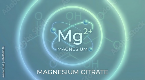 Magnesium citrate compound showing a central magnesium ion Mg2 plus with orbiting electrons, symbolizing its presence in the chemical structure for health supplements