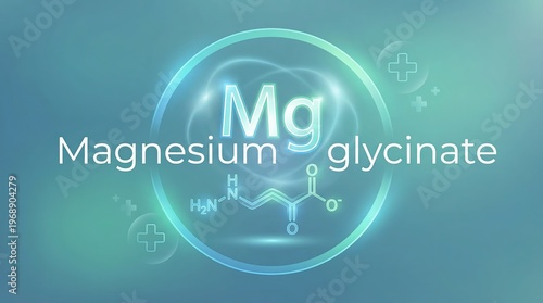 Magnesium glycinate compound displayed with its chemical symbol and molecular structure, representing an essential mineral for health, nutrition, and scientific research