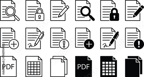 A set of line art design vector icons depicting various document and file concepts in silhouette style for use in digital and print applications.
