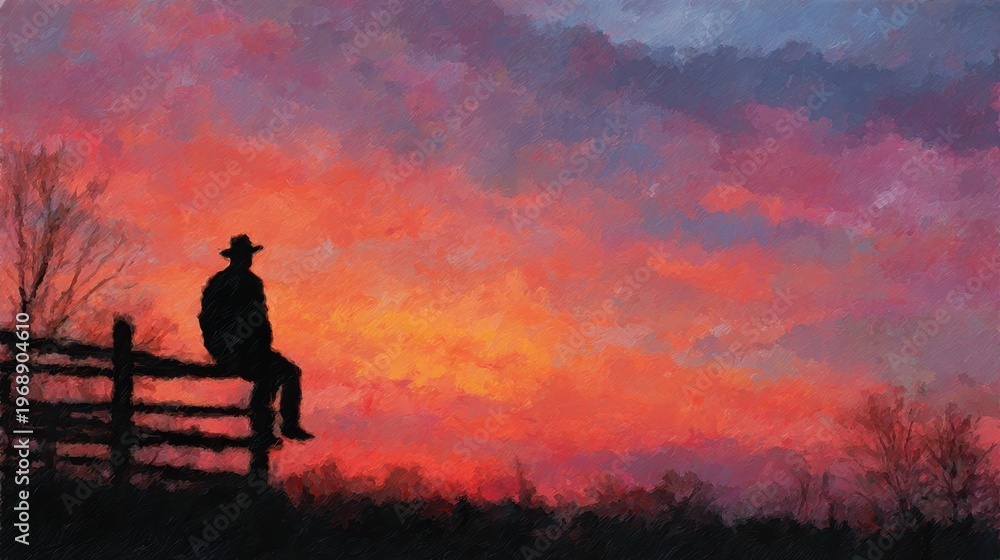 Obraz premium Silhouette of cowboy sitting on wooden fence against vast dramatic red orange painterly sunset sky