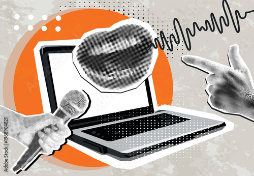 Cover for podcast. Laptop illustrations, speaking mouth with collage microphone, drawn elements in halftone background. Vector Collage in trendy retro style with flat illustration. Paper cut-out