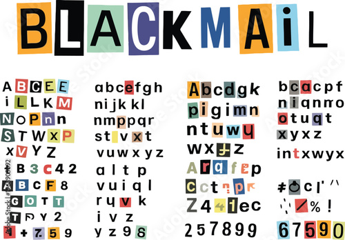 Blackmail Ransom Anonymous Note Font, Cutout Latin Letters and Numbers, Crime Style Typography Set, Newspaper Clipping Alphabet, Vintage Threat Message Design Vector Illustration