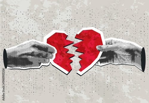Trendy halftone collage with Hands holding a red broken heart. Modern collage style. Vector illustration
