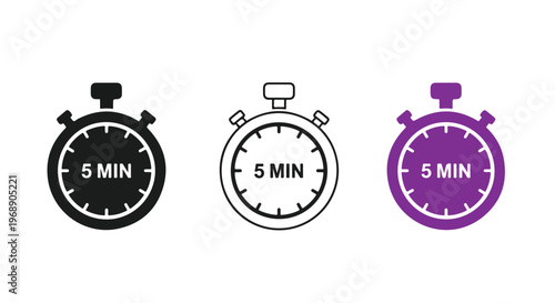 Three stopwatch icons showing five minute intervals in black, outline, and purple for timekeeping and countdowns