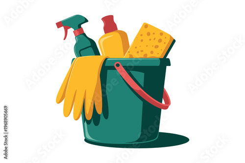 A green bucket filled with cleaning supplies and yellow rubber gloves on a white background
