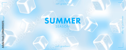 Summer mesh gradient banner with glossy blurred ice cubes on a soft blue background. Fresh seasonal composition with cool frozen elements and smooth pastel tones for headers, posters, and promo use.