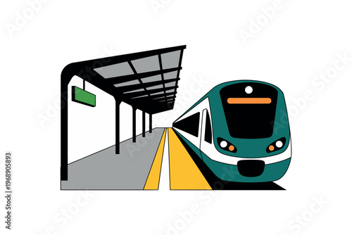 A green train approaching a station platform with a yellow line and a covered waiting area.