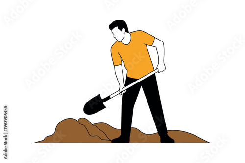 A man in a yellow shirt digging a hole with a shovel in the ground