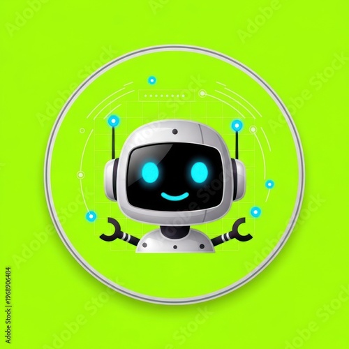 Cartoon robot in a circle on green background; glowing blue eyes and dotted lines
