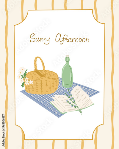 Illustration of a picnic scene featuring a woven basket, green bottle, open book, and lavender flowers on a blue checkered blanket with a sunny afternoon theme