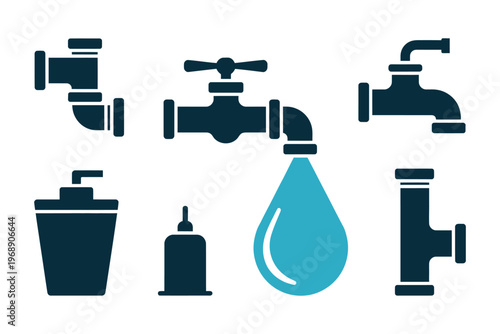 A collection of various faucet and water icons in dark blue on a white background