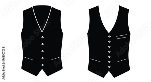 Two black vests displayed against a stark white background