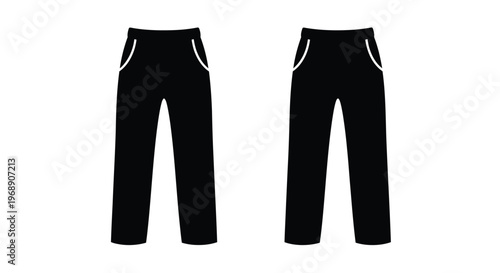 Two pairs of black trousers with white piping details displayed on white