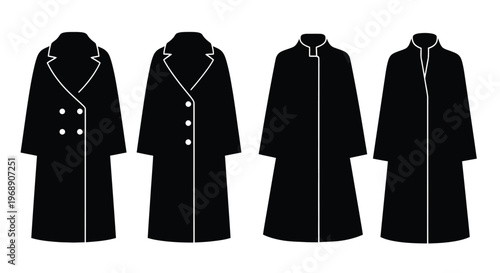 Four black coat silhouettes displayed against a plain white background
