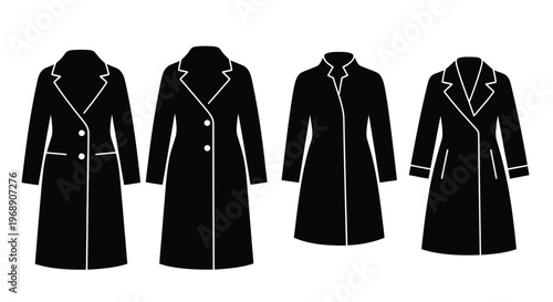Four black silhouettes of women s coats on a white background