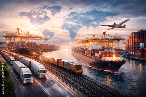 Busy international logistics scene with cargo ships, freight trains, trucks and airplane under world map overlay, representing global transportation and supply chain operations.