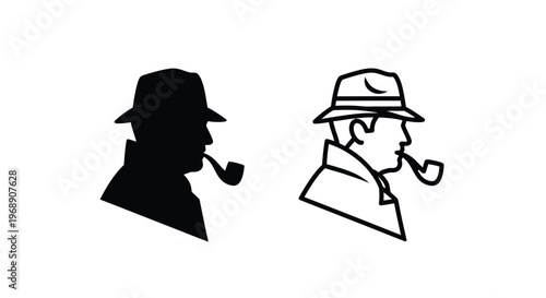 Two illustrations of a man with a pipe and hat in contrasting styles
