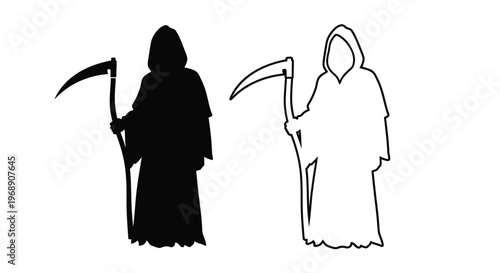 Two depictions of the grim reaper one solid black and one white outline