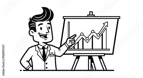 A smiling man presenting a growing financial chart on a whiteboard