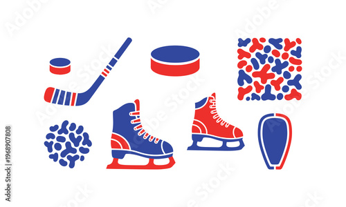 Colorful illustration of ice hockey equipment and pucks