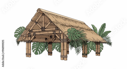 Tropical thatched roof hut with palm trees and wooden pillars outdoor structure