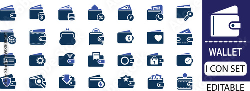 wallet icon set - solid icon collection illustration design. A wallet is a stylish and practical everyday essential designed to keep your cash, cards, and valuables secure and organized.