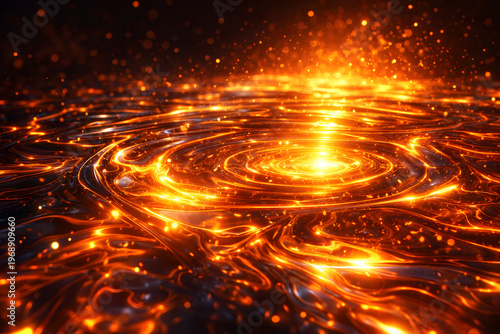 Glowing molten lava-like liquid with swirling patterns and bright sparks representing heat, energy flow and abstract dynamic background.