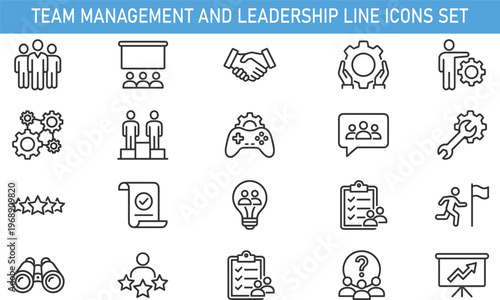 Team management and leadership line icons set with collaboration strategy productivity innovation workflow analytics vector illustration for business organization startup growth and corporate planning
