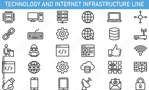technology and internet infrastructure line icons set, computer network server database cybersecurity coding cloud storage wifi digital communication vector outline collection