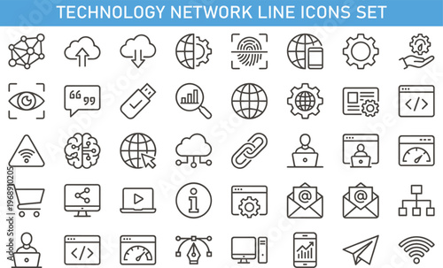 technology network line icons set, cloud computing cybersecurity symbols collection, digital data outline vector, internet security interface icons, modern web development thin line icons