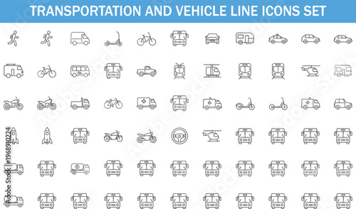 Transportation and Vehicle Line Icons Set, Black Outline Vector Collection with Car, Bus, Bicycle, Scooter, Ambulance, Truck, Helicopter, Public Transport Symbols
