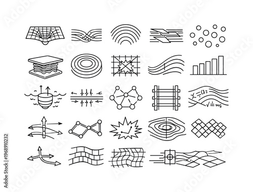 Line vector icons of foundational physics of a metaverse: gravity-warp tiles, inertia-flow stems, friction arcs, drag rails,